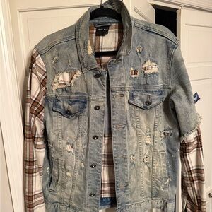 Distressed Denim Jacket with Plaid Sleeves